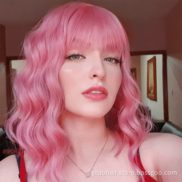 Wholesale chemical fiber pink wavy bangs wig women's synthetic short hair wig neon pink suitable for daily Cosply party use